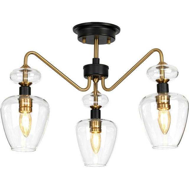 3 Bulb Semi Flush Light Aged Brass Finish Charcoal Black Paint LED E14 40W