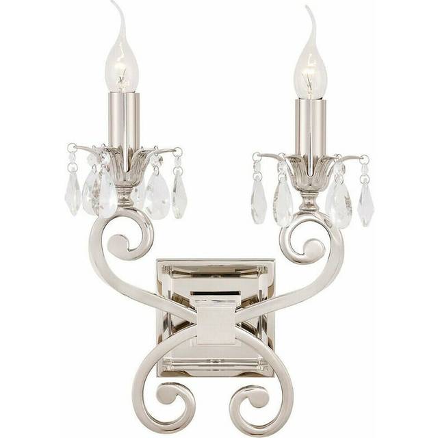 Esher Luxury Twin Curved Arm Traditional Wall Light Bright Nickel Crystal Drop