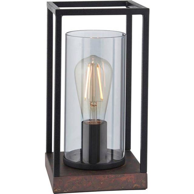 Matt Black Industrial Framed Table Lamp Light & Glass Shade - Bronze Patina Base