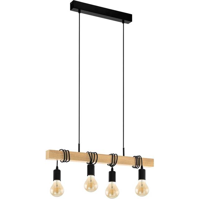 Hanging Ceiling Pendant Light Black & Wood 4x E27 Kitchen Island Multi Lamp