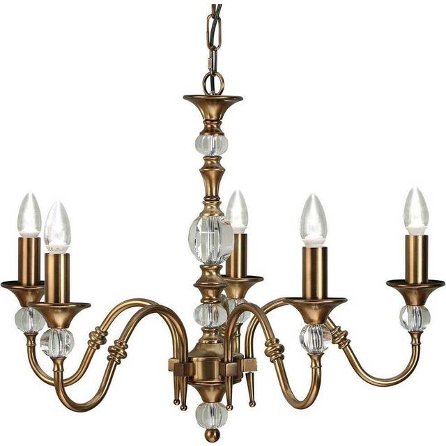 Diana Ceiling Pendant Chandelier Antique Brass & K9 Crystal Curved 5 Lamp Light