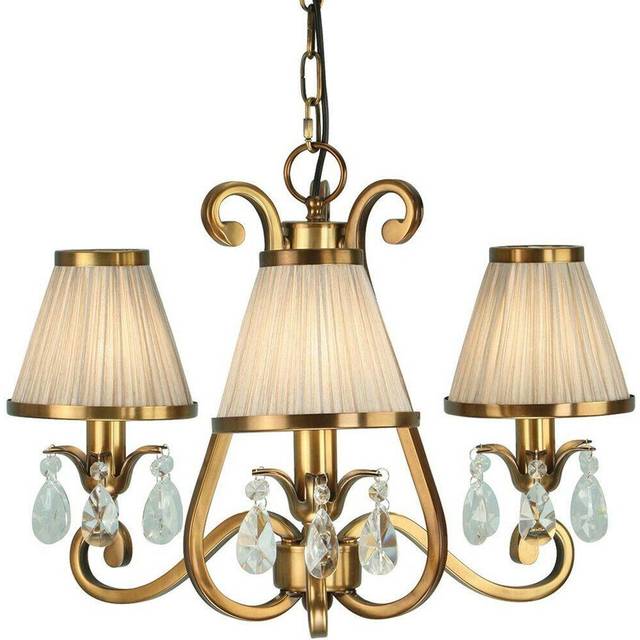 Esher ceiling pendant chandelier brass crystal & beige shades 3 lamp light