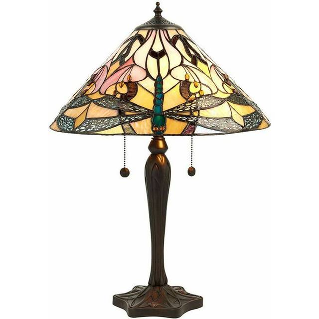 Tiffany Glass Table Lamp Light Dark Bronze & Rich Cream Dragonfly Shade i00169