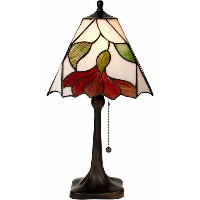 Tiffany Glass Table Lamp Light Dark Bronze & White / Red Floral Shade i00176