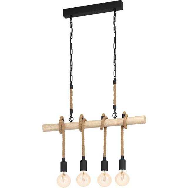 Hanging Ceiling Pendant Light Black & Wood / Rope 4x E27 Kitchen Island Lamp