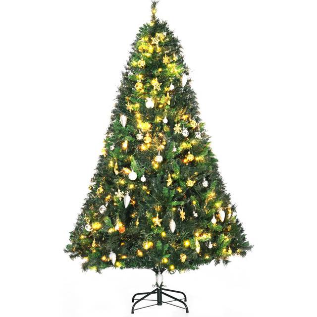 Homcom 1.8m 6ft Pre Lit Christmas Tree 200 Led Xmas Tree Holiday Décor With Decorative Balls Ornament Metal Stand