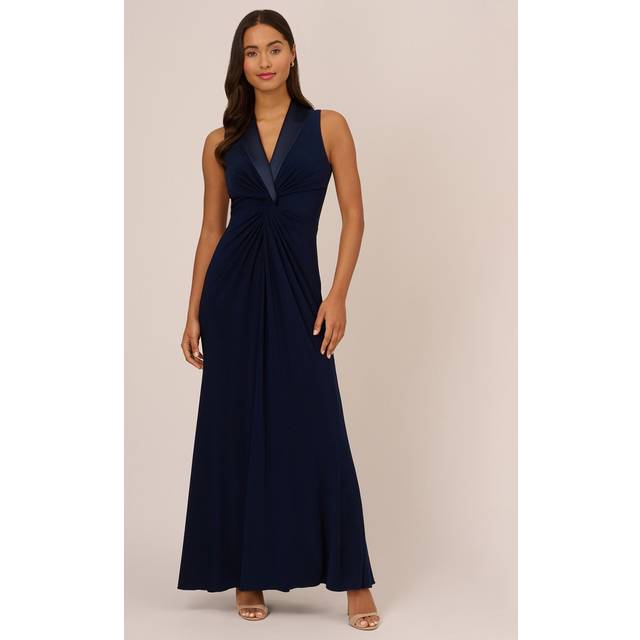 Matte Jersey Twist Front Tuxedo Long Gown In Midnight - 18