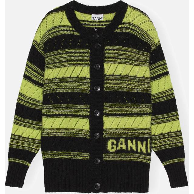 Ganni Striped Organic Wool Cardigan - M - Black