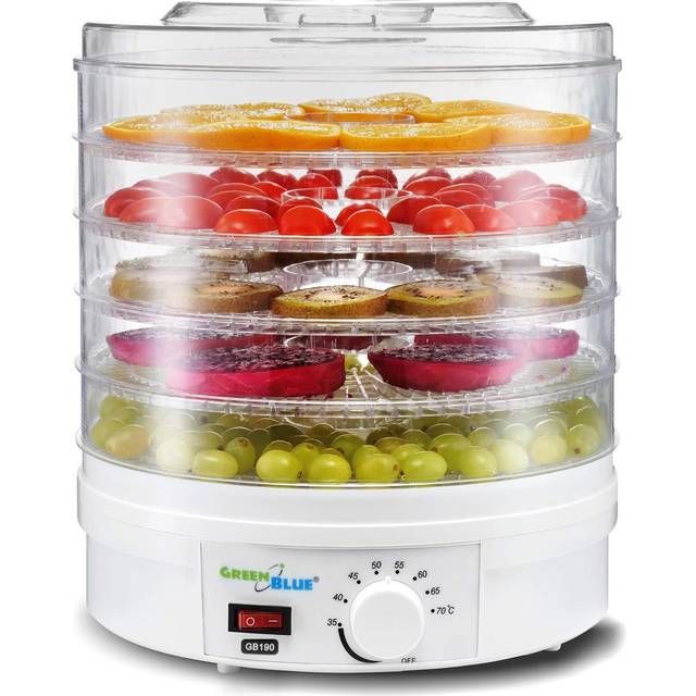 Green Blue GB190 Food Dryer Fruit Dehydrater Timer Mushroom Vegetable Fruit Dryer Power 250W Very Quiet High Sieve 4,5cm UK Plug