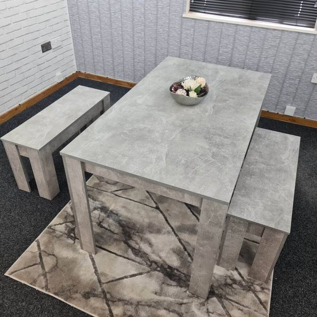 Kosy Koala Dining Table And 2 Benches Stone Grey Effect Wood Table 2 Grey Benches Dining Room Furniture, Multi