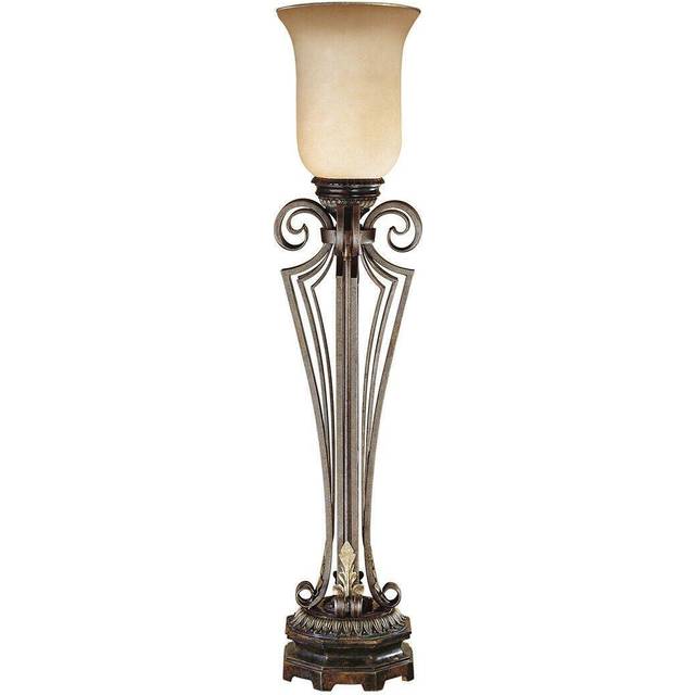 Table Lamp Regal Colum Open Base Cream/Amber Glass Shade Bronze LED E14 60W