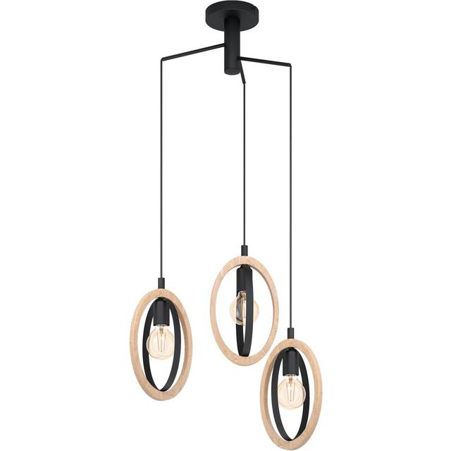 Hanging Ceiling Pendant Light Black & Wood Hoop Shade 3x 40W E27 Bulb
