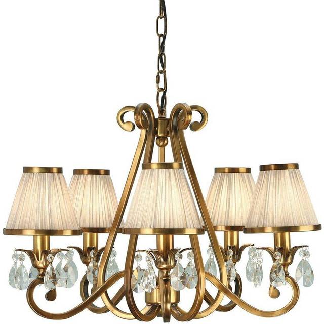 Esher Ceiling Pendant Chandelier Brass Crystal & Beige Shades 5 Lamp Light