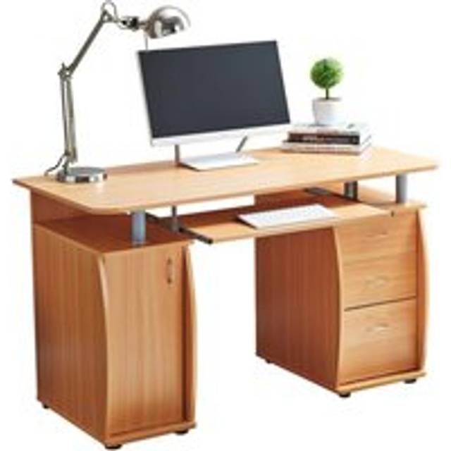 RayGar Wicklow Deluxe Computer Desk With 3 Drawers And Cabinet - Beech, Brown