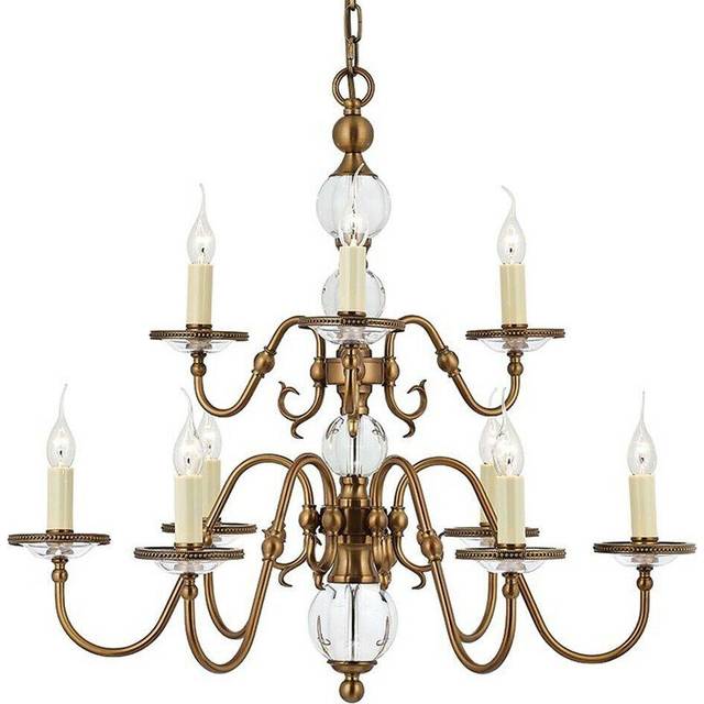 Flemish Ceiling Pendant Chandelier Antique Brass & Crystal Curved 9 Lamp Light