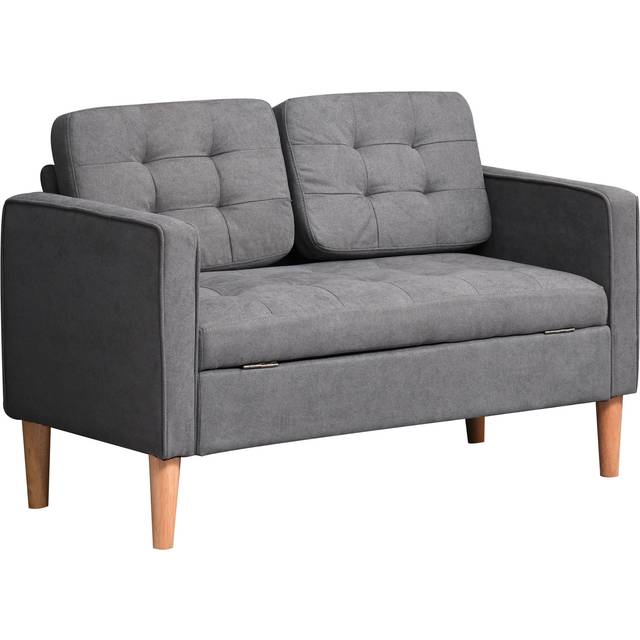 HOMCOM Modern 2 Seater Sofa with Hidden Storage - 117cm Tufted Cotton Couch - Compact Loveseat Sofa with Wood Legs - Grey | TJ Hughes