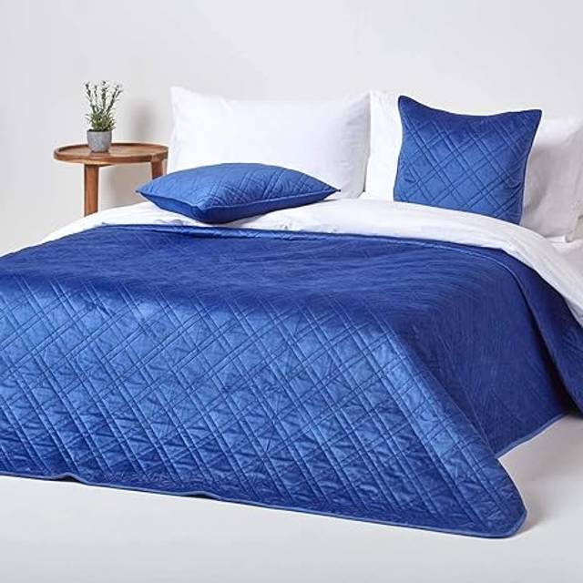 Homescapes Velvet Paragon Diamond Bedspread, 200 x 200 cm, Navy Blue, Geometric, For Double Bed, 78 x 78"