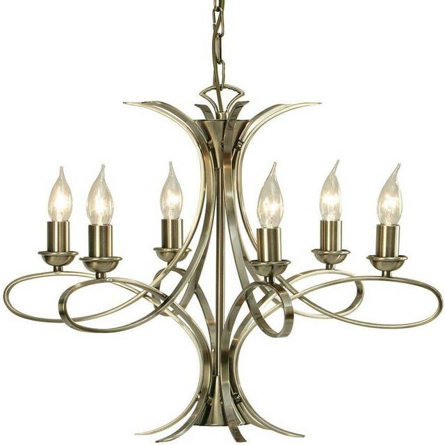Eaves Hanging Ceiling Pendant Chandelier 6 Lamp Brushed Brass Curved Arm Light