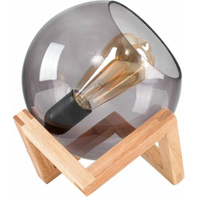 Modern Smoked Effect Glass Globe Bedside Table Lamp on a Wooden Frame Base
