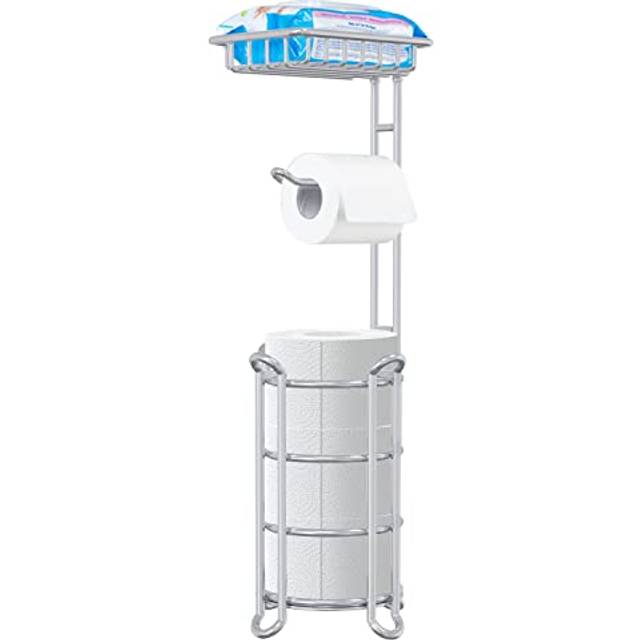 Toilet Paper Holder Stand Bathroom Tissue Dispenser Holders Rack Free Standing with Extra Shelf Storage Mega Rolls/Phone/Wipe - Silver