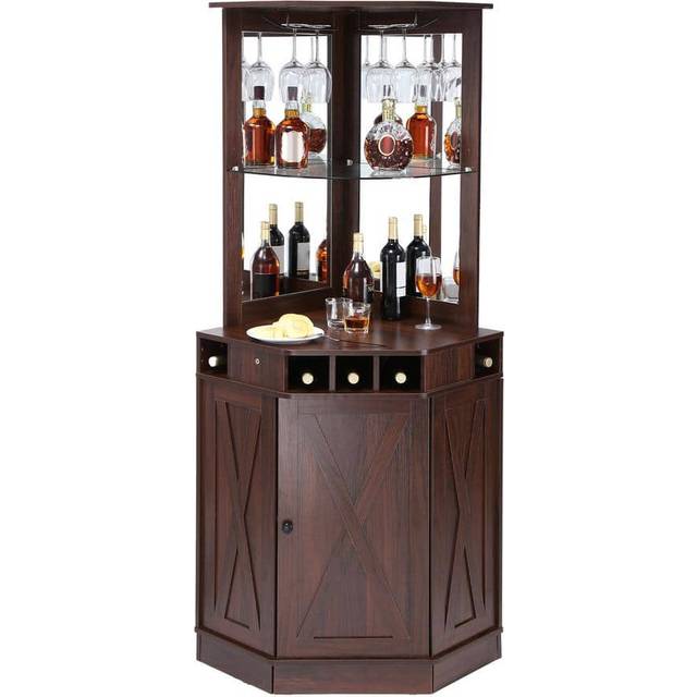 VEVOR Industrieller Eck-Barschrank, Weintisch f&#xFC;r Spirituosen und Gl&#xE4;ser, Sideboard-Buffetschrank mit Glashalter, Freistehender Kaffee-Barschrank aus Bauernholz f&#xFC;r Wohnzimmer, Hausbar, Walnussholz