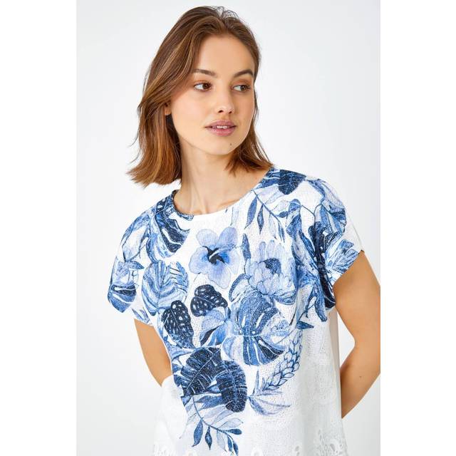 Roman Womens Floral Print Lace Trim Stretch T-Shirt - Blue - Size 10 UK