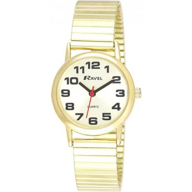 Ravel - Women&#39;s Easy Read Watch with Big Numbers on Stainless Steel Expander Bracelet - Gold Tone/Champagne Dial