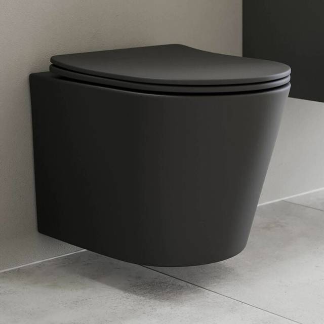 Slim soft close d-shape toilet seat top fix black plastic contemporary bathroom