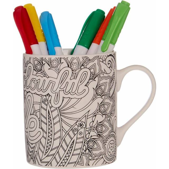 Live a colourful life colour your own colouring in white coffee cup mug with pen