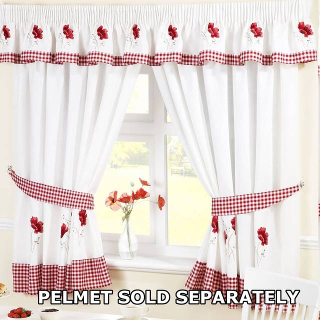 Homespace Direct Broderade blommor Gingham rutig vallmo pennveck kök gardiner och gardinhållare, röd, polyester, röd, 160 x 137 cm