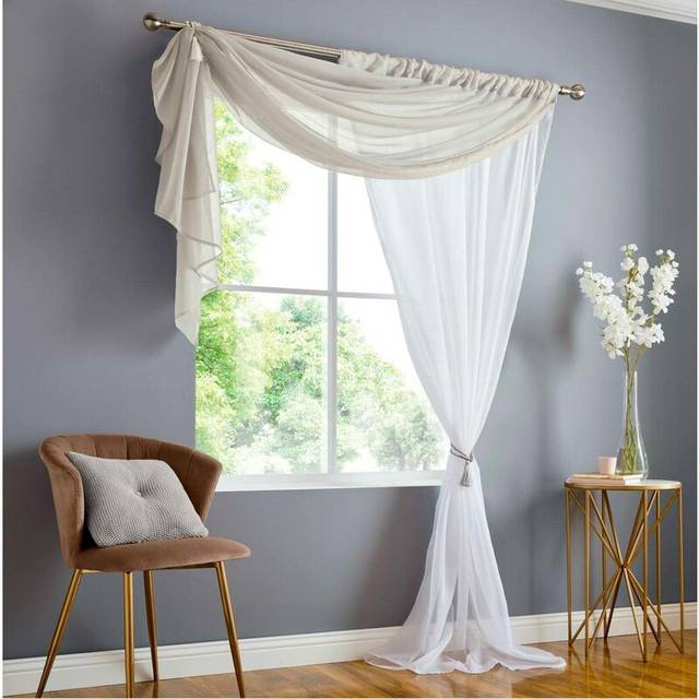 (150cm x 229cm, Taupe/White) Alan Symonds Double Voile Ready Made Rod Pocket Heading Curtain Panels