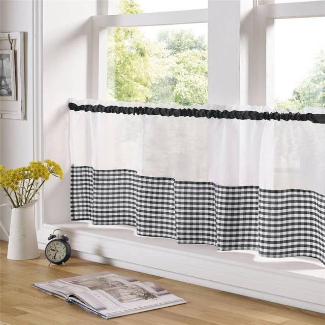 Alan Symonds Gingham Slot Top Voile Cafe Gardinpanel (150 cm x 61 cm, svart)
