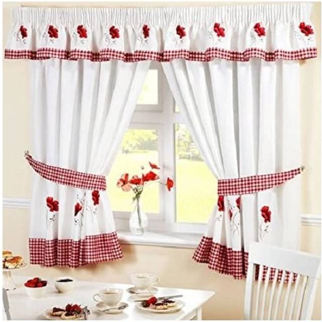 HomeSpace Direct Poppies pennveck köksgardiner och bindningar 117 x 122 cm broderad blommig Gingham rutig, polyester, röd/vit, 117 x 122 cm