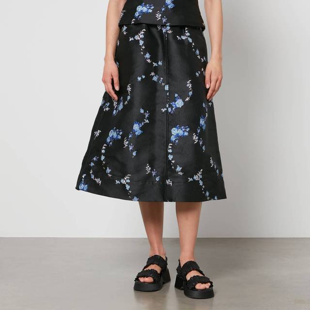 Ganni Floral-Jacquard Midi Skirt - EU 36/UK 8 - Black