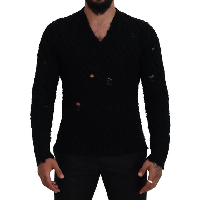 Dolce & Gabbana Black Wool V-neck Knitted Pullover Sweater - IT44 | XS