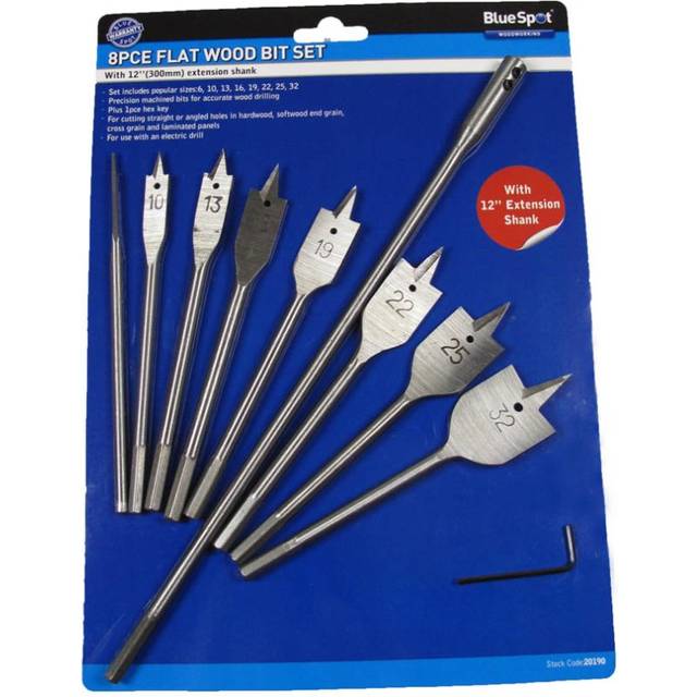 10 Piece Flat Wood Bit Set -  wood flat bit set 8pc blue spot 8pce drills 6mm 10mm 13mm 16mm 19mm 22mm 25mm 32mm extra long 632mm 12 extension shank