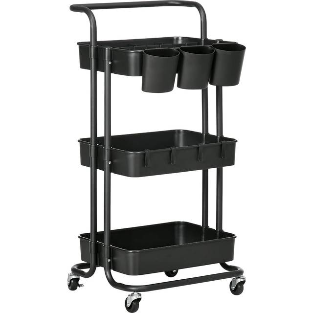 HOMCOM 3-Tier Utility Trolley with Mesh Baskets Removable Boxes - Black, Black