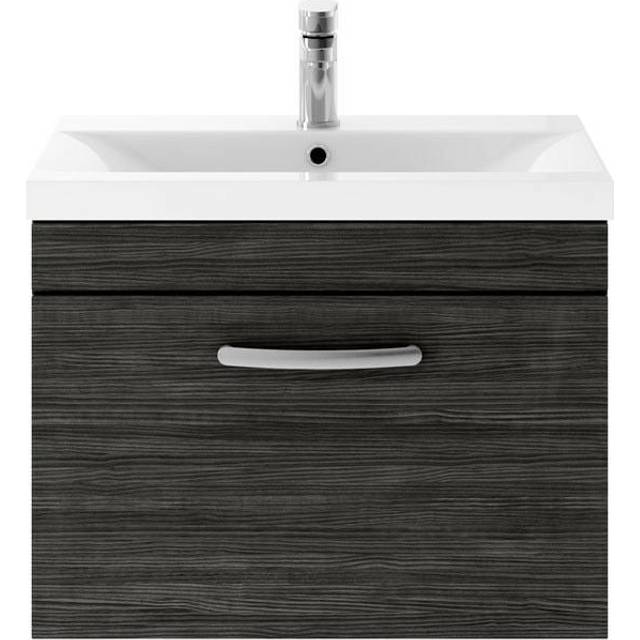 Nuie Athena 600 Wall Hung Single Drawer Vanity & Mid-edge Basin - Black Woodgrain, Black