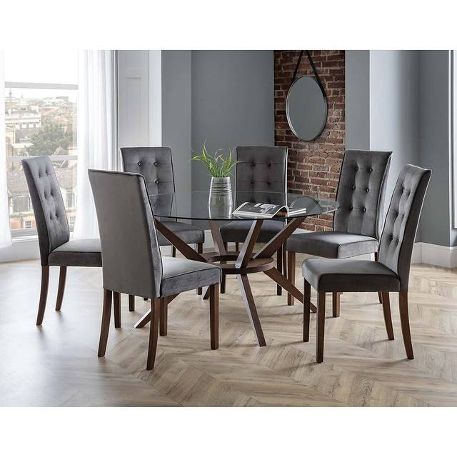 Julian Bowen Chelsea 140 Cm Round Glass Dining Table + 6 Madrid Chairs - Grey/Walnut