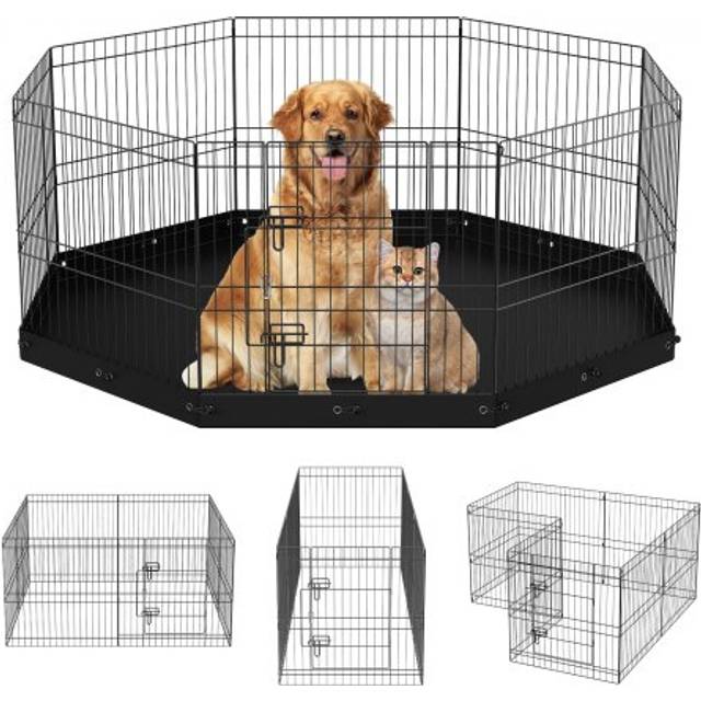 VEVOR Dog Playpen, 8 Panels Foldable Metal Dog Exercise Pen with Bottom Pad, 24" H Pet Fence Puppy Crate Kennel with Ground Stakes, Indoor Outdoor