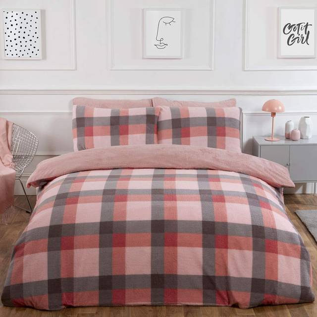 Ohs Check Teddy Duvet Cover Pillowcase Bedding Set, Blush - Double - One Size