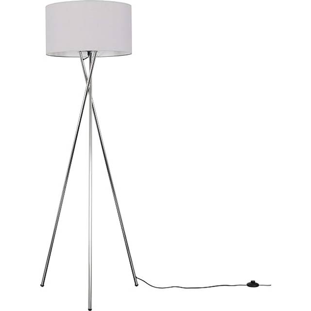 Modern Polished Chrome Metal Tripod Floor Lamp with a Pale Grey Cylinder Shade