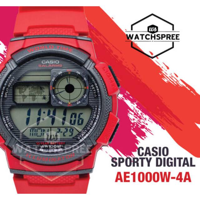 Men's CASIO Sports waterproof Mens Red Digital AE-1000W-4A - Free