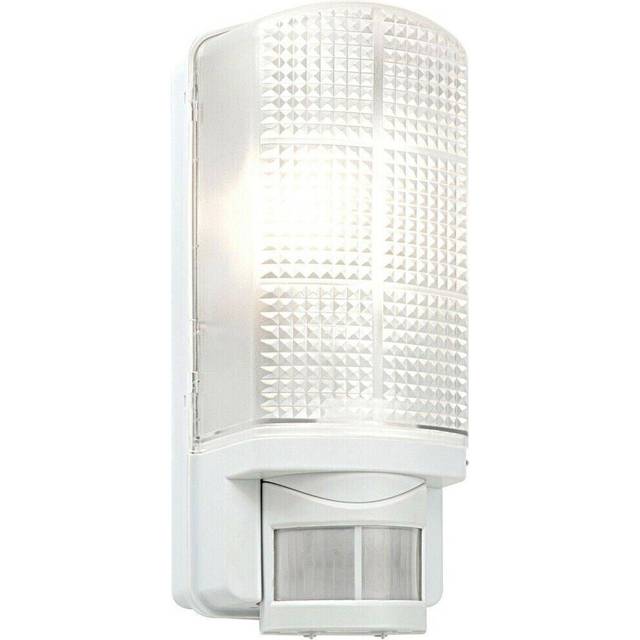 WHITE IP44 Outdoor Wall Bulkhead Light & 10m PIR Motion Sensor 60W E27 Edison