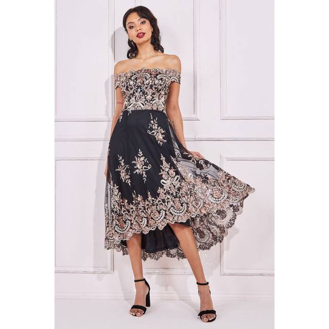 Bardot Sequin & Lace High Low Midi - Champagne by Goddiva - 14