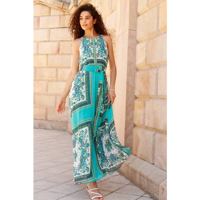 Scarf Print Halter Neck Maxi Dress - Turquoise - 14