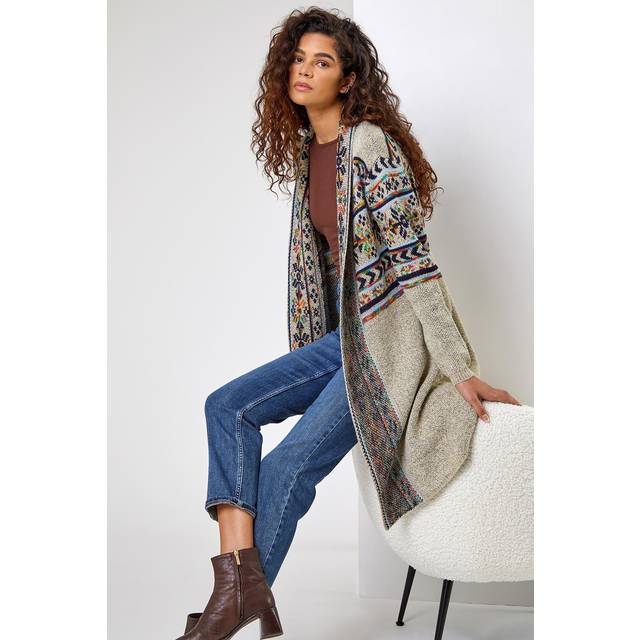 Natural Nordic Patterned Longline Cardigan - Natural - Size 10 - Roman