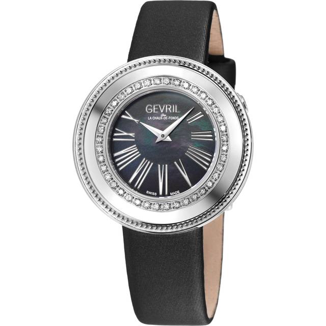 Gevril WoMens Gandria Swiss Diamond Black MOP Dial, Genuine Italian Made Leather Watch - One Size
