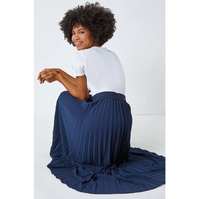 Pleated Elastic Waist Maxi Stretch Skirt - Navy - Size 10 - Roman