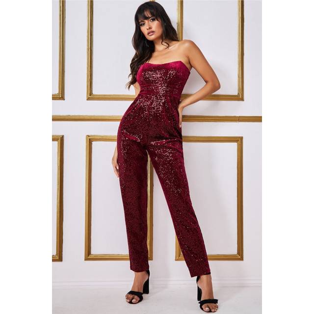 Sequin & Velvet Corset Jumpsuit - Wine by Goddiva - 14